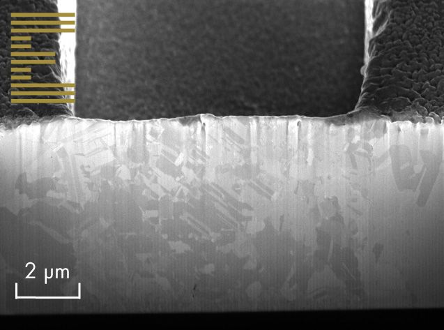 An FIB cross-section image of a 3D printed bridge structure, showing the homogeneous grain structure.