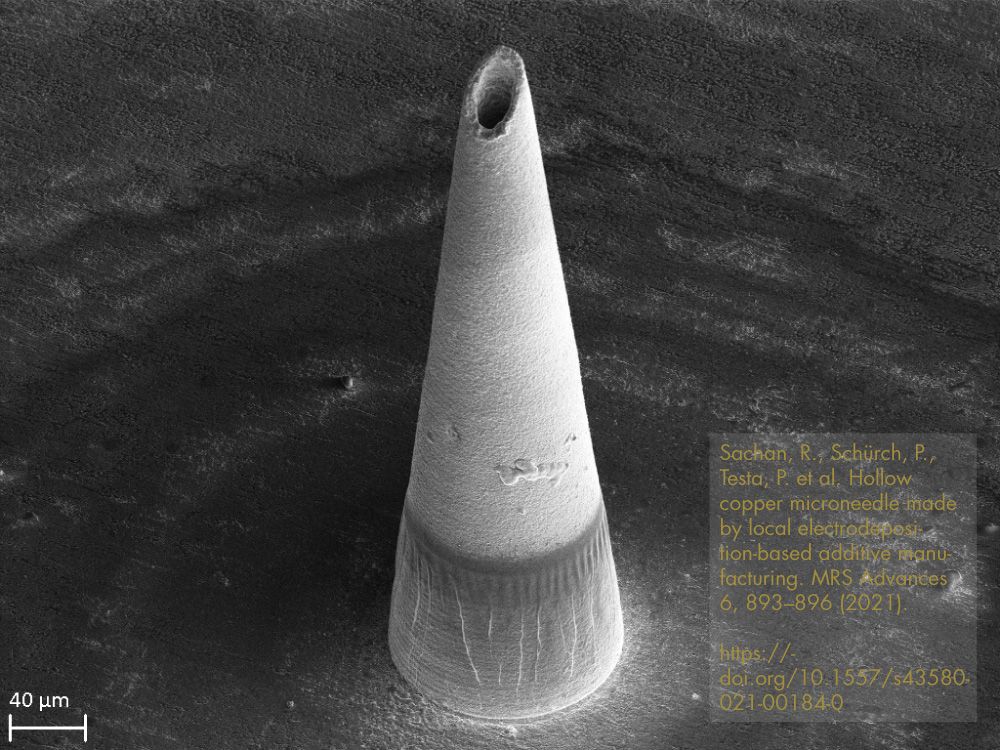 SEM picture of a hollow copper microneedle 3D printed with Exaddon's CERES system.