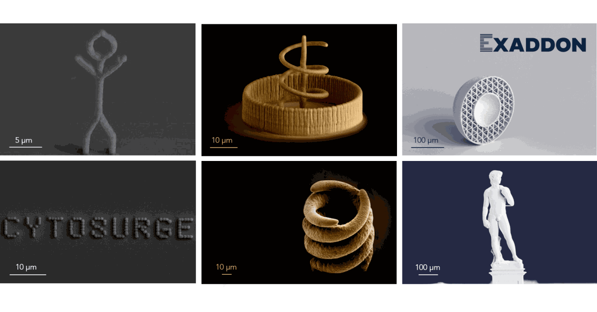 Various 3D printed microscale metal objects printed by Exaddon